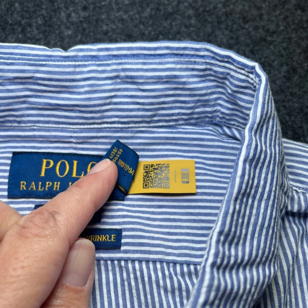 Polo Ralph Lauren Button Down Mens L Blue New Seersucker Stripe Classic Fit